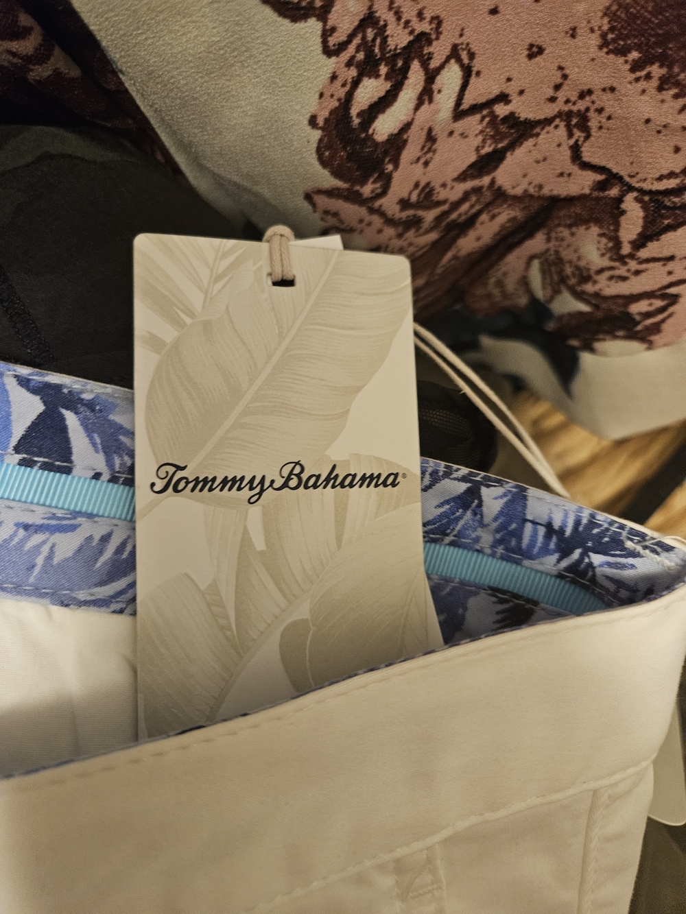 Tommy Bahama Cream Tote with Blue Patterned Trim and Aqua Ribbon